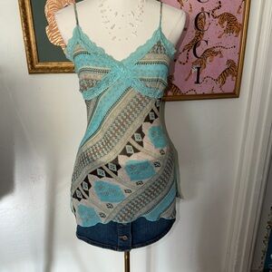 Vintage Y2K Blue Paisley Lace Trim Top